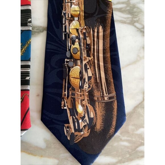 Vintage Dem Crazy Musical Saxophone Print Ties Set Of 2 - Picture 4 of 9